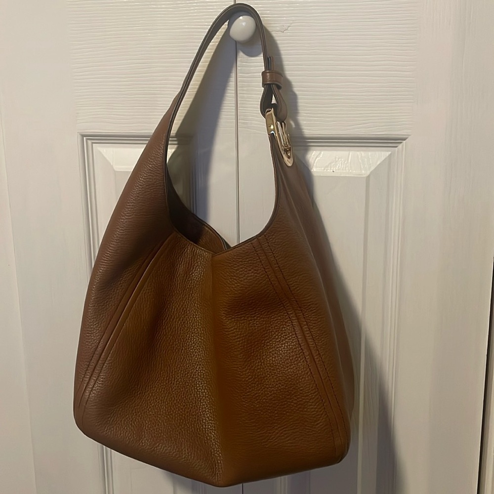 MICHAEL KORS FULTON BAG, PEBBLED LEATHER IN ACORN, GOLD HARDWARE